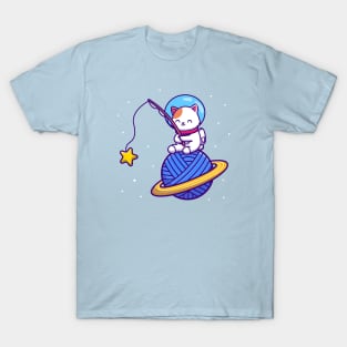 Cute Astronaut Cat Fishing Star On Yarn Wool Planet Cartoon T-Shirt